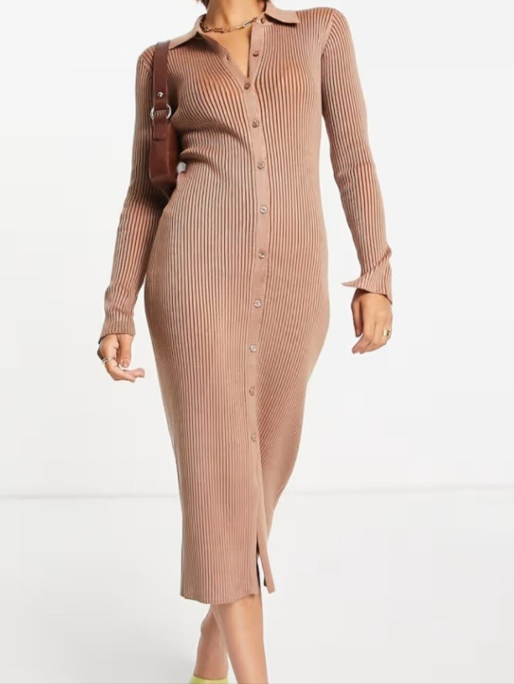 French Connection Long-Sleeve Ribbed Button-Front Dress in Beige-Taupe